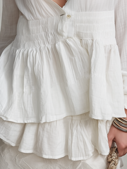 Smocked Waist Textured Blouse with Peplum Flare
