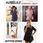AUSELILY Babydoll Dress for Women Short Sleeve Button Down Textured Non-clingy Loose Fit Flowy Mini Dress with Pockets 2026 New Summer Dress