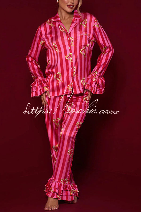 Candy Stripe Tiered Bell Cuff Pajama Set with Pockets