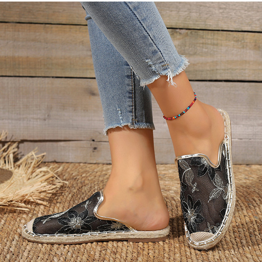 Linen Woven Flat Slippers – Round Toe Casual Slide