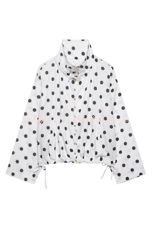 Polka Dot Loose Jacket with Stand Collar & Bow Tie Detail