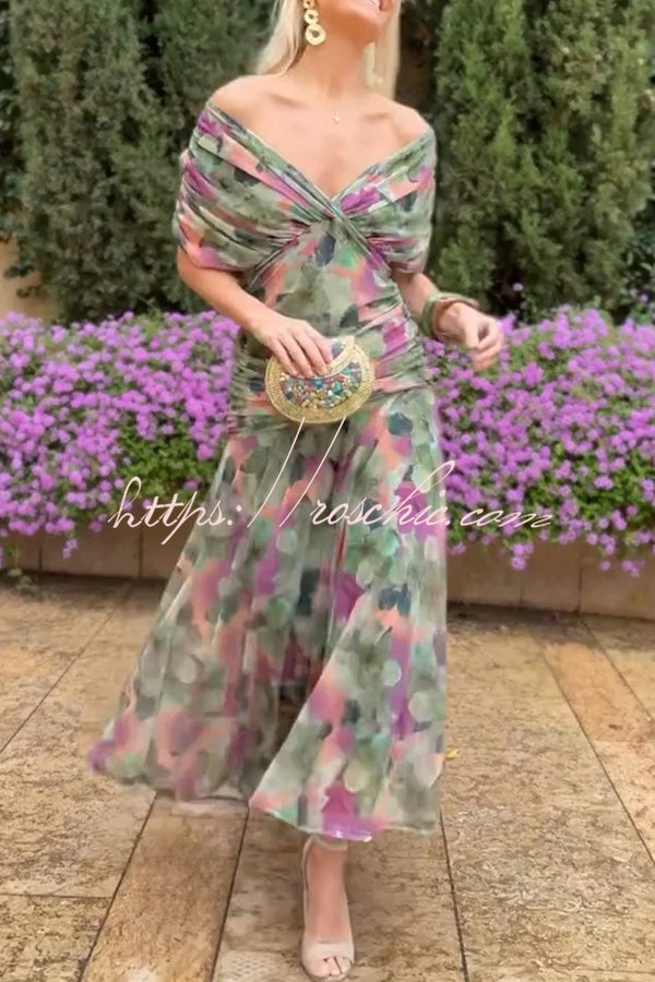 Printed V-Neck Waisted Mesh Maxi Dress for Vacation