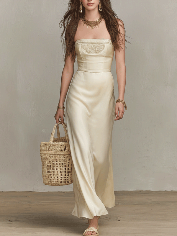 Ivory Satin Embroidered Maxi Dress Set | Resort Wear