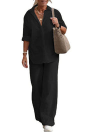 Knit Long Sleeve Shirt & Wide-Leg Pants Set – Casual Loose Fit