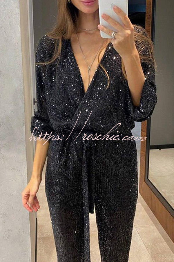 Sequin Long Sleeve Belted Wrap Jumpsuit – Loose Fit