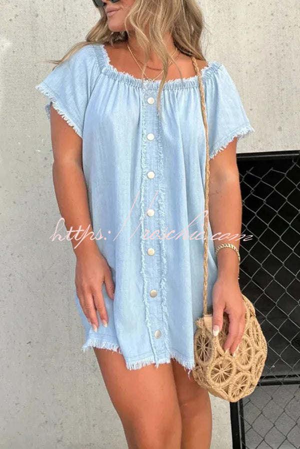 Off-Shoulder Denim Mini Dress – Loose Fit Short Sleeve