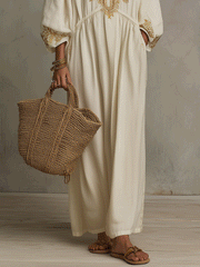 Gold Embroidered Ivory Boho Maxi Dress with Long Sleeves