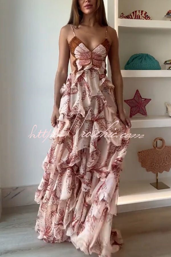 Butterfly Print Backless Ruffle Maxi Dress – Tie-Up Back