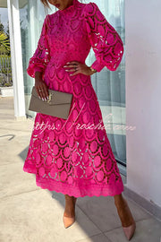 Crochet Lace Lantern Sleeve Midi Dress for Parties