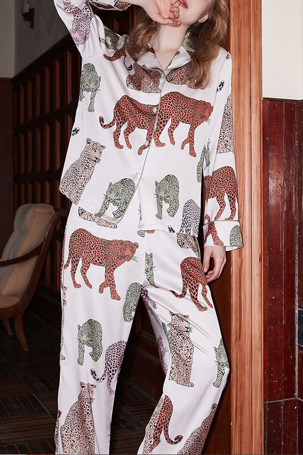 Leopard Print Lounge Set Women Long Sleeve Two-Piece