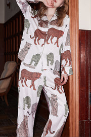 Leopard Print Lounge Set Women Long Sleeve Two-Piece