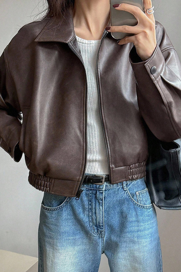 Women's Faux Leather Jacket with Lapel & Pockets