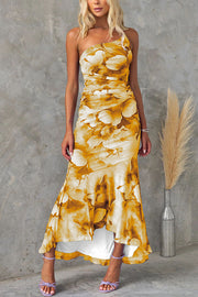 Floral Mesh One Shoulder Ruched Maxi Dress