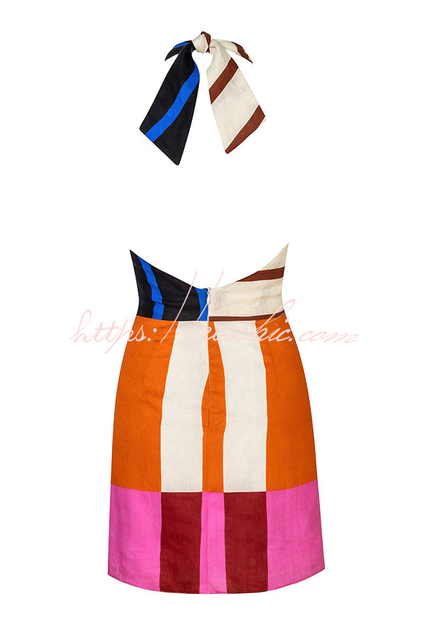Linen Blend Color Block Halter Mini Dress – Loose Fit