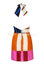 Linen Blend Color Block Halter Mini Dress – Loose Fit