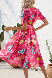 Contrast Floral Print Belted Pleated Midi Dress