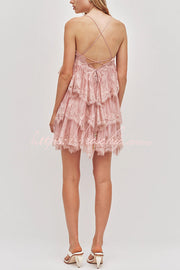 Layered Lace Trim Chiffon Backless Mini Dress with Adjustable Straps
