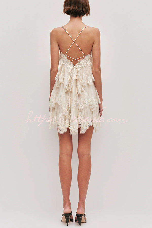 Layered Lace Trim Chiffon Backless Mini Dress with Adjustable Straps