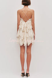 Layered Lace Trim Chiffon Backless Mini Dress with Adjustable Straps
