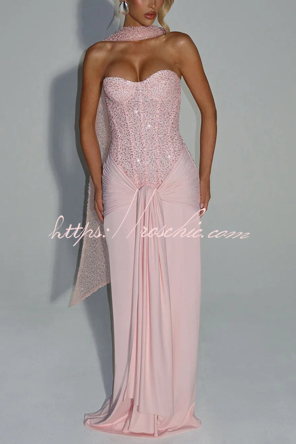 Sequined Satin Jersey Off-Shoulder Ruched Maxi Dress