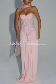 Sequined Satin Jersey Off-Shoulder Ruched Maxi Dress