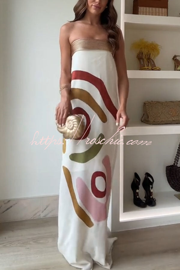 Pleated Print Strapless Maxi Dress with Metal Collar