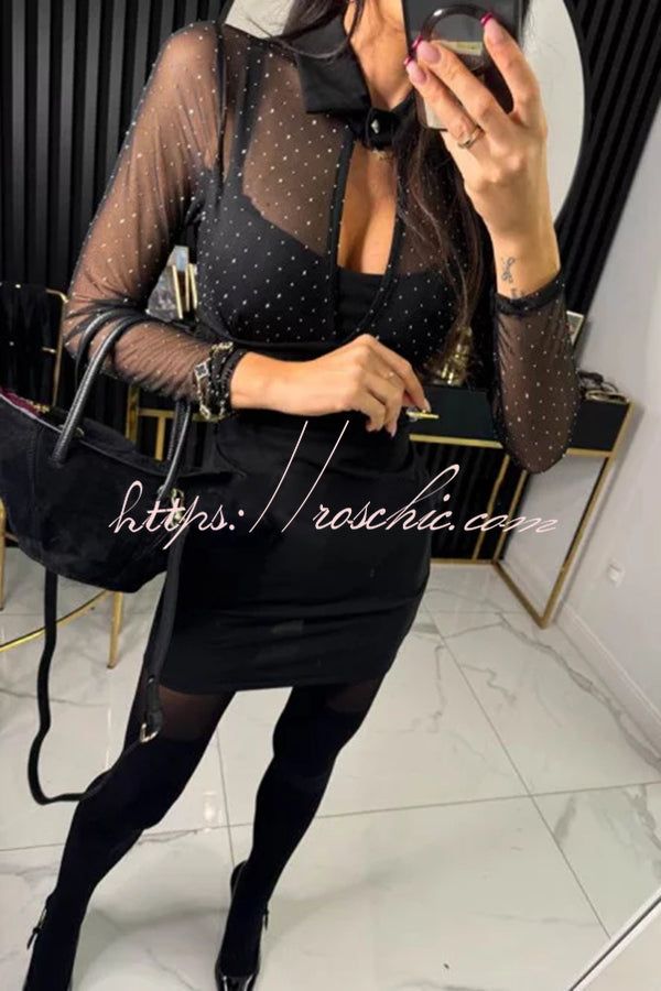 Glitter Mesh Cutout Long Sleeve Stretch Mini Dress