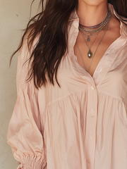 Blush Gathered Button-Up Long Sleeve Blouse