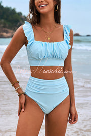 Botanical Print Ruffled Bikini Set | Square Neck Swimsuit