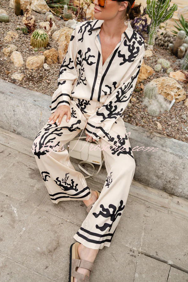 Satin Wide Leg Pants with Unique Print & Elastic Waist