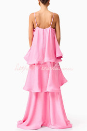 Robe longue en satin à plusieurs niveaux – Col carré sans manches Ligne A