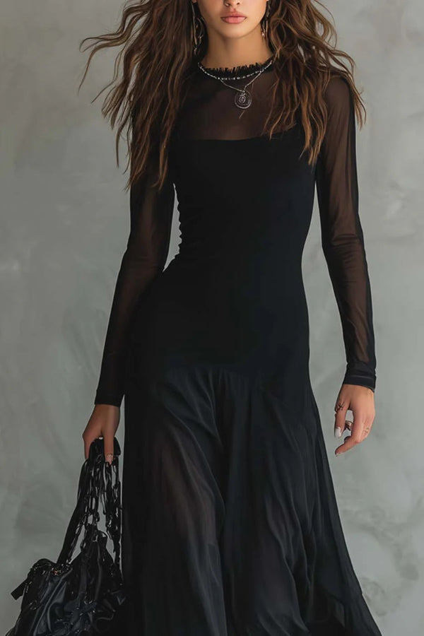 Mesh-Panel Maxi Dress – Long Sleeve Slim Fit