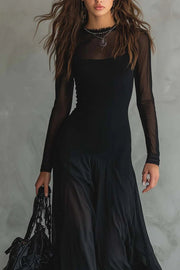 Mesh-Panel Maxi Dress – Long Sleeve Slim Fit