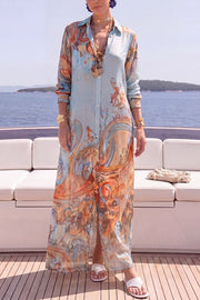Boho Vintage Print Button-Down Maxi Shirt Dress