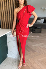 One Shoulder Ruffle Sleeve Maxi Gown with Asymmetrical Hem