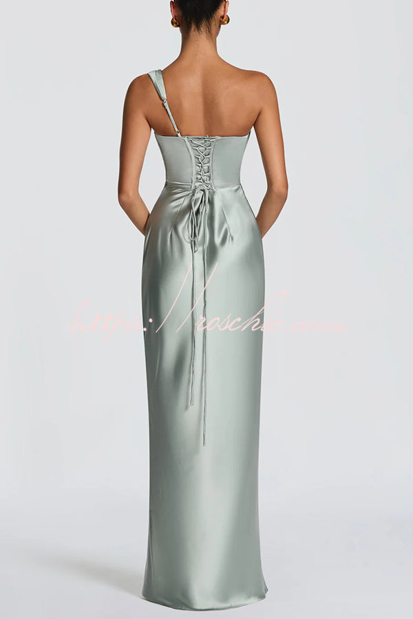 Satin One-Shoulder Pleated Maxi Dress for Party Wear