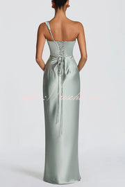Satin One-Shoulder Pleated Maxi Dress for Party Wear