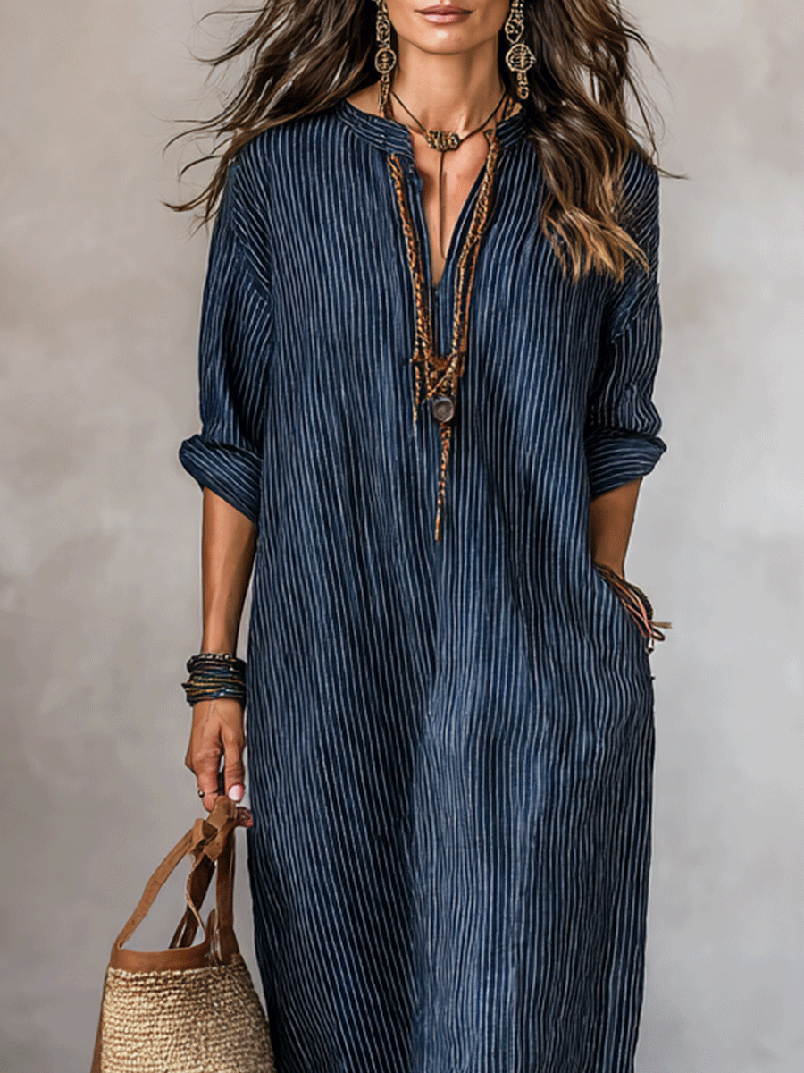 Indigo Loose-Fit Maxi Dress – Bohemian Style