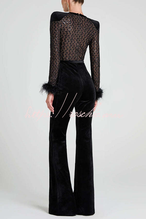 Lace Sequin Velvet Patchwork Flare Jumpsuit with Feather Trim