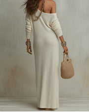 Bohemian One-Shoulder Textured Maxi Dress in Ivory