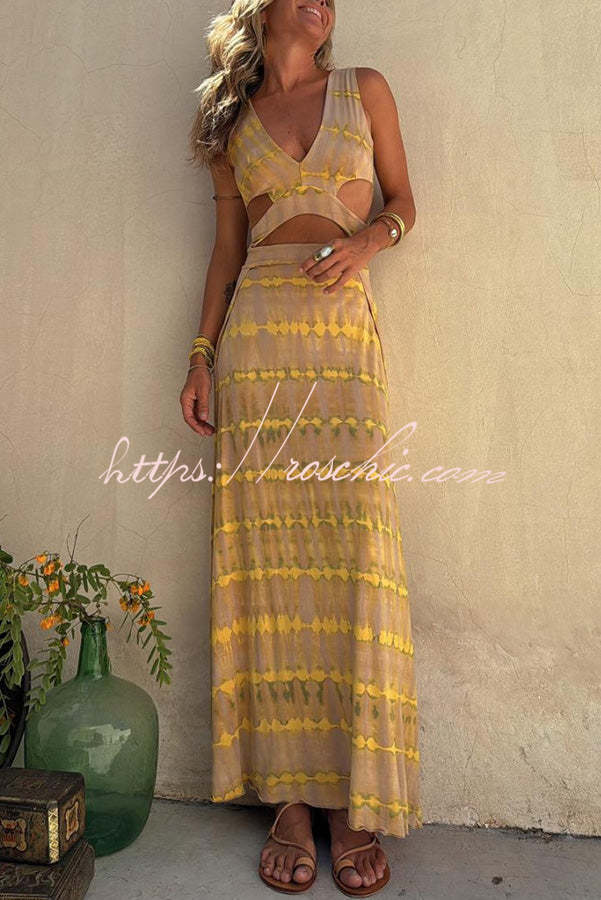 Tie-Dye Print Cutout Maxi Dress with Slit