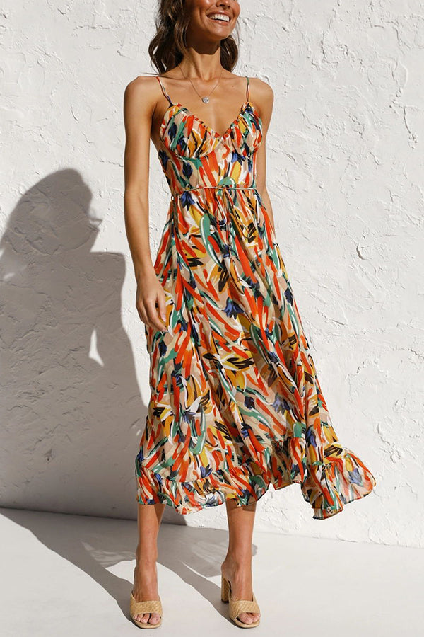 Colorful Printed Midi Dress – Sleeveless Vacation Style