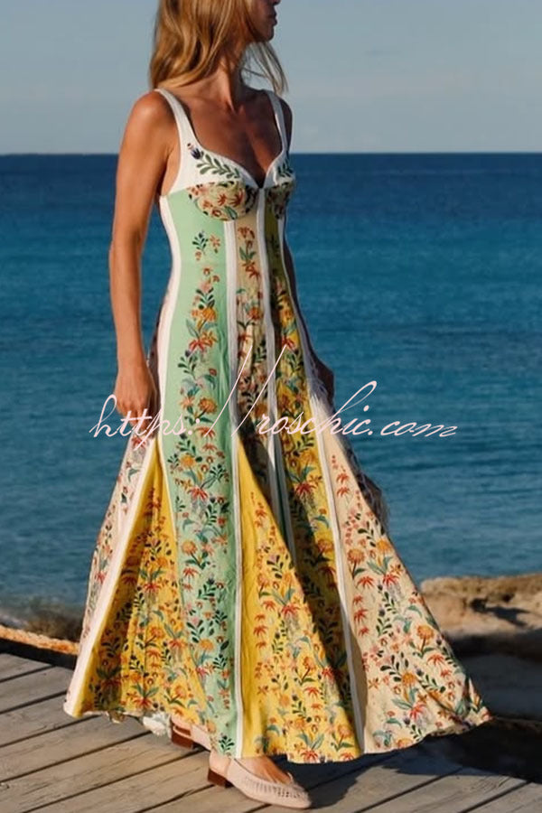Linen Blend Color Block Floral Maxi Dress – Sweetheart Neck