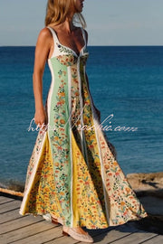 Linen Blend Color Block Floral Maxi Dress – Sweetheart Neck
