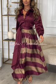Satin Colorblock Long Sleeve Belted Maxi Shirt Dress
