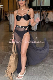 Colored Stone Detail Elastic Bikini & Tulle Lace-Up Maxi Skirt Set
