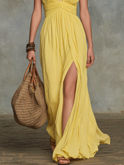 Yellow Draped Sleeveless Maxi Dress for Resort Wear