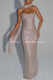 Sequin Pleated Cowl Neck Strapless Maxi Dress