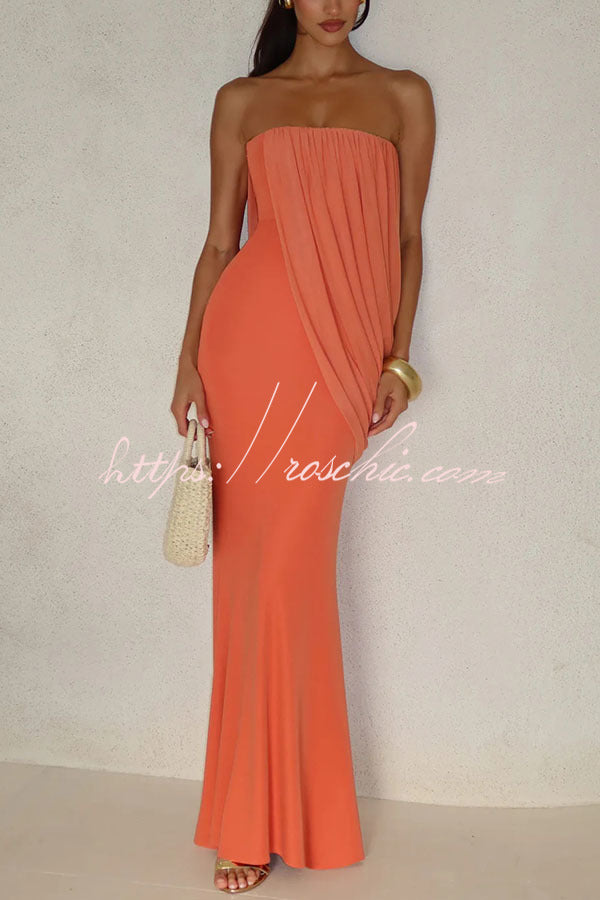 Modal Knit Strapless Maxi Dress with Asymmetric Draped Mesh