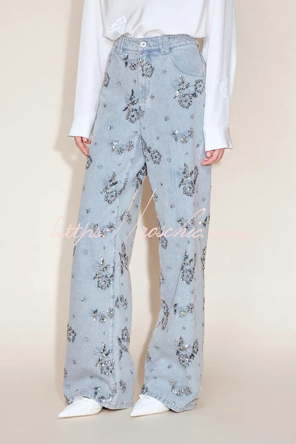 Beaded Sequin Floral Wide Leg Jeans Mid Rise with Pockets